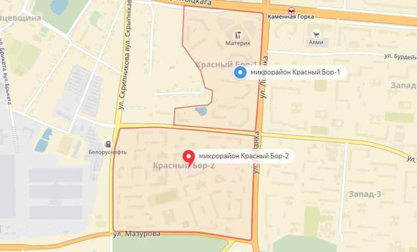 Район Красный бор на карте Минска